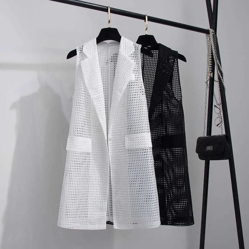 Summer VNeck Collar Black White Suit Blazer Vest Jacket Women Style Sleeveless OL Cardigan Tank Coat 250709