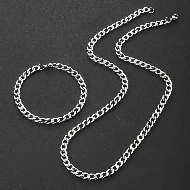 Hip Hop Cuban Chain Necklace Bracelet Set Rock Stainless Steel Basic Chain Men Necklace Simple Necklace For Women Party Jewelry XJ250708