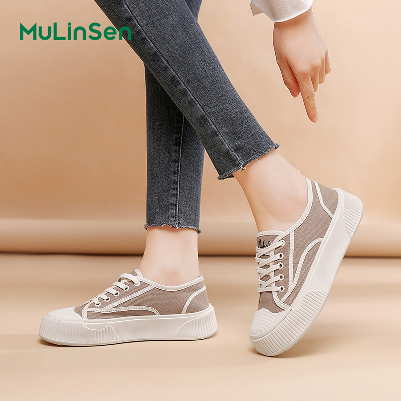 Mulinsen women's shoes summer breathable coffee-colored canvas shoes women 2025 new biscuit shoes low-top soft-soled casual shoes