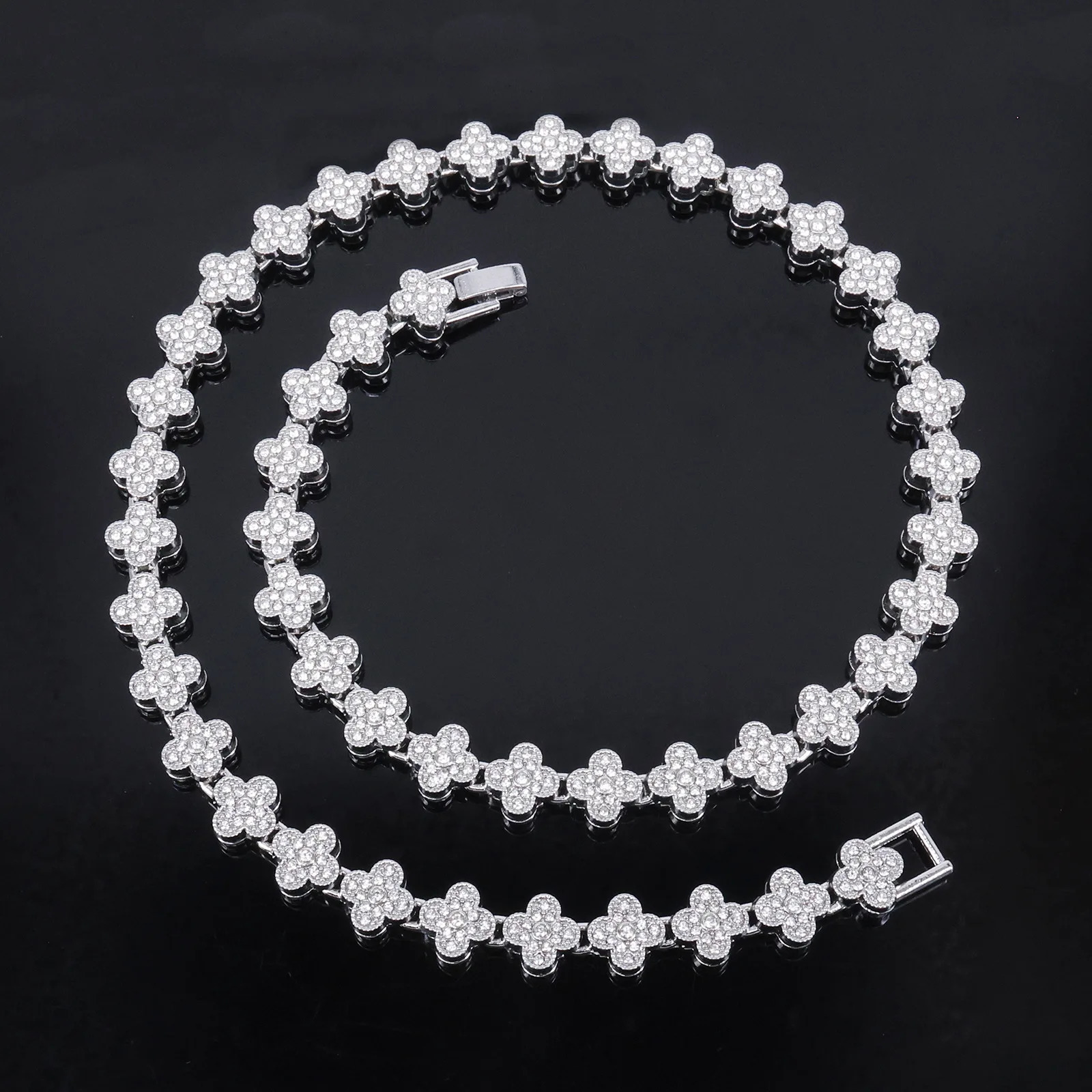 ZAKOL 20/50CM Hip Hop Four-leaf Flower Tennis Chain Bracelet Necklace for Women Men Iced Out Buling Rhinestone Rock Punk Jewelry 250722