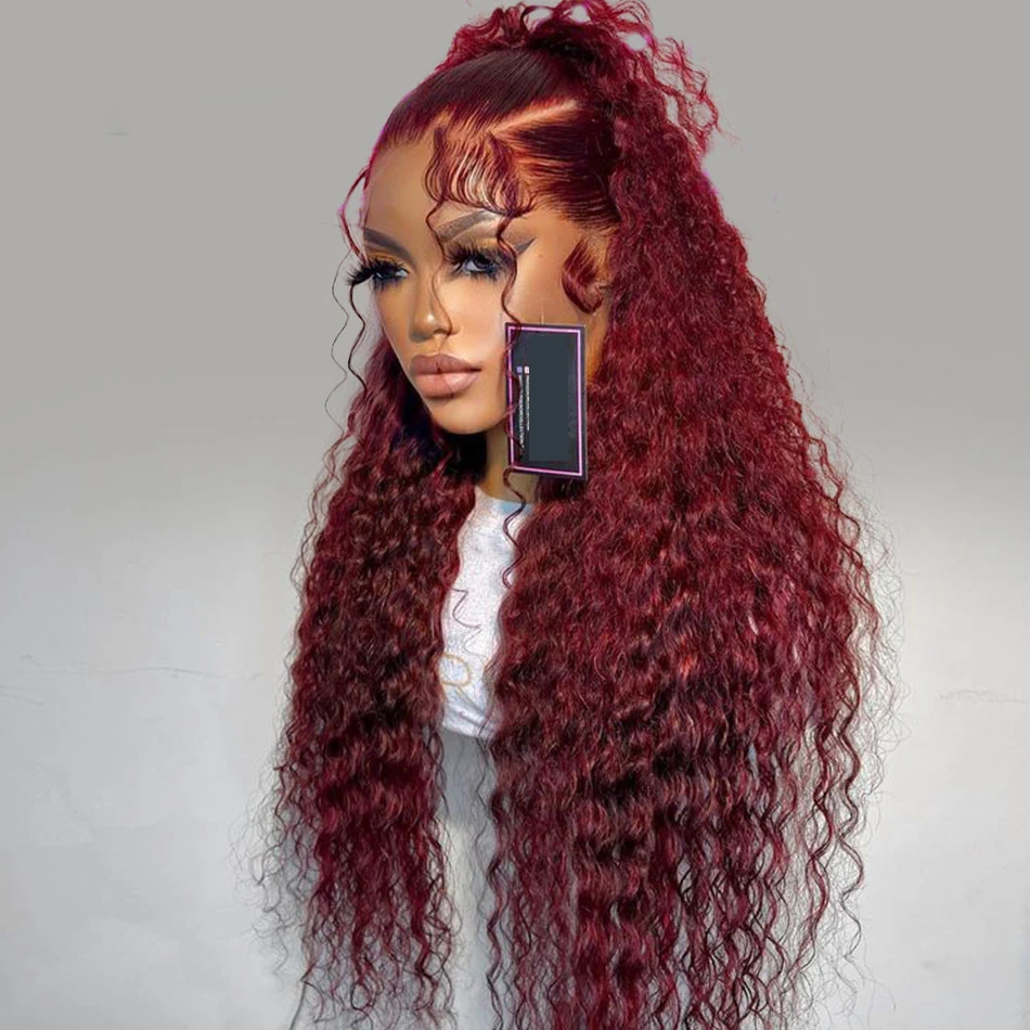 26 Inch Long Burgundy Preplucked 180%Density Glueless 99j Kinky Curly Lace Front Wig BabyHair Heat Temperature Daily Cosplay