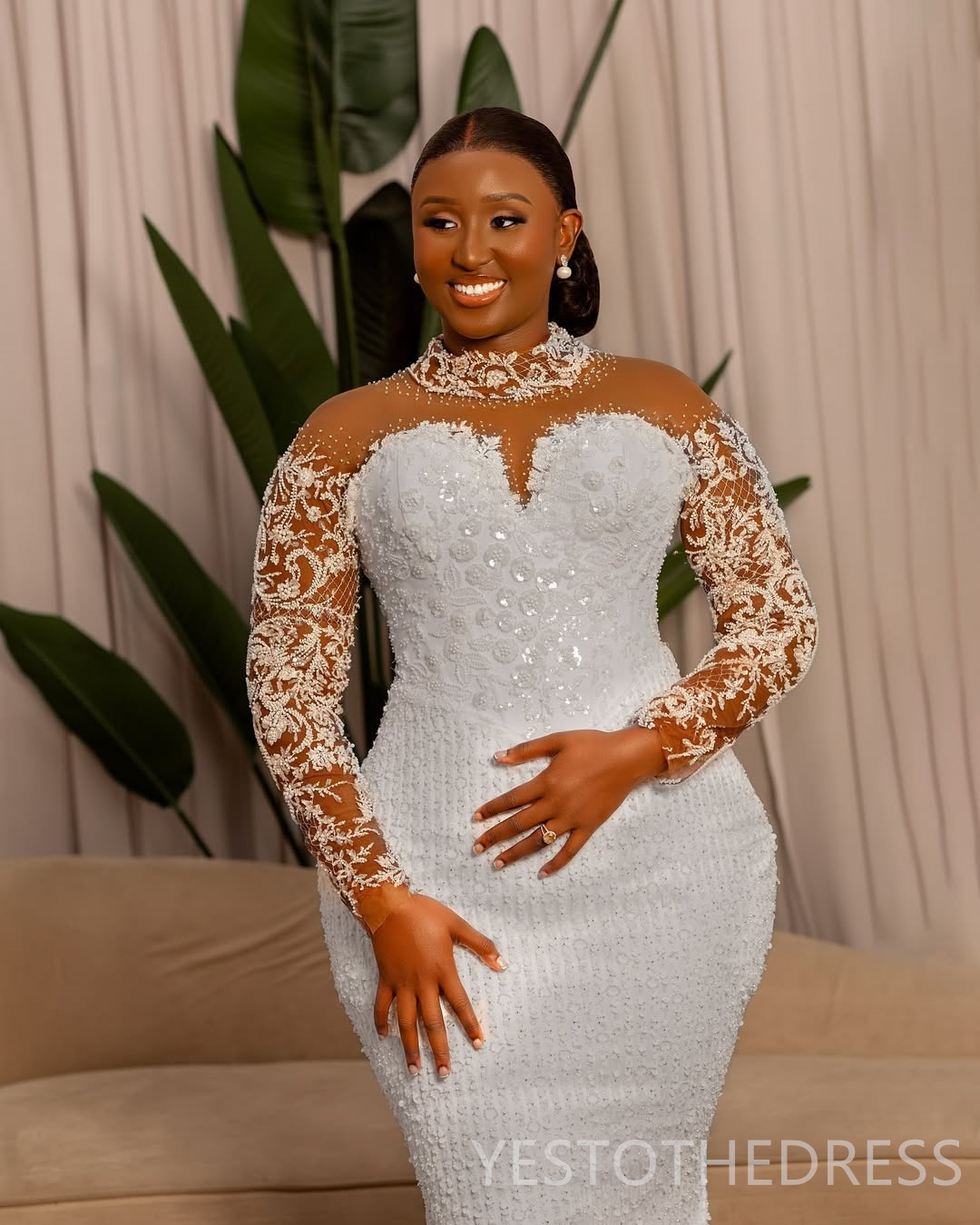 2025 Plus Size African Wedding Dress Bridal Gowns For Bride Detachable Train Mermaid High Neck Illusion Long Sleeves Beaded Lace Wedding Gowns For Bla