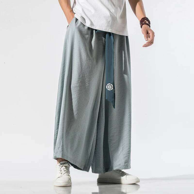 2024 Men Wide Leg Mens Cotton Joggers Retro Loose Trousers Man Chinese Style Linen Male Big Crotch Nepal Robe Pants