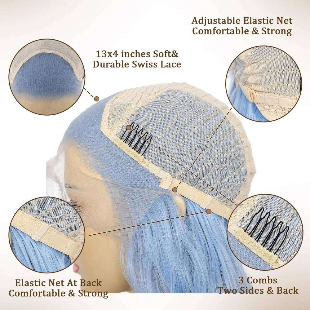 Wavy Lace Front Long Curly Ice Blue Wigs For Women Synthetic Heat Human Hair Daily Cosplay Wig