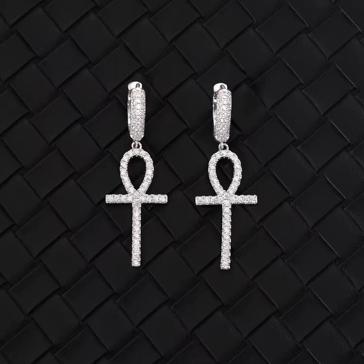 Hot Fashion White/Yellow/Rose Gold Plated Ankh Cross Iced Out CZ Cubic Zirconia Hip Hop Ankh Cross Earrings Jewelry