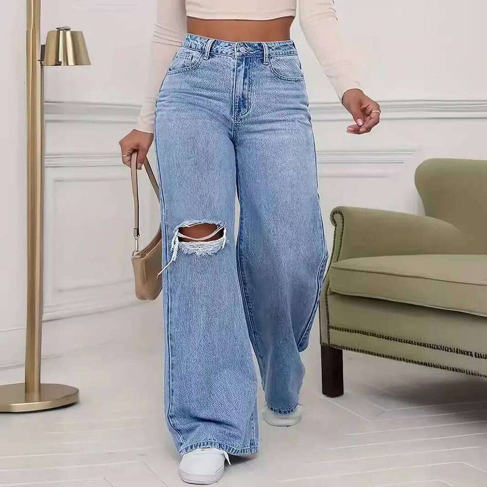 Washed Personality Hole Loose High Waist Denim Wide-leg Pants,Women's Four Seasons New Classic Fashion Casual Floor-length Jeans
