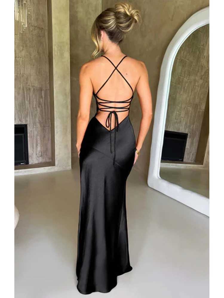 Bandage Backless Elegant Dress Split Hem Spaghetti Strap Slim Cocktail Party Club Fashion Satin Solid Lace-Up Long Dresses Z250728