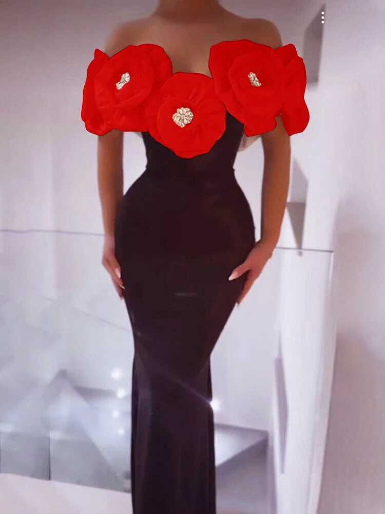 2024 Women Celebrity Sexy Off Shoulder Flower Black Maxi Long Bodycon Bandage Dress EleGant Evening Club Party Dress Z250728