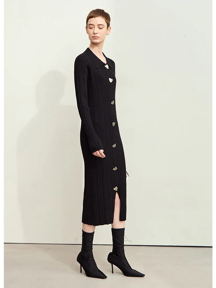 Amii Minimalism Elegant Party Dresses Woman Autumn Retro Lapel Metal Buckle Slim Strip Knitted Dress Female12443090 250728