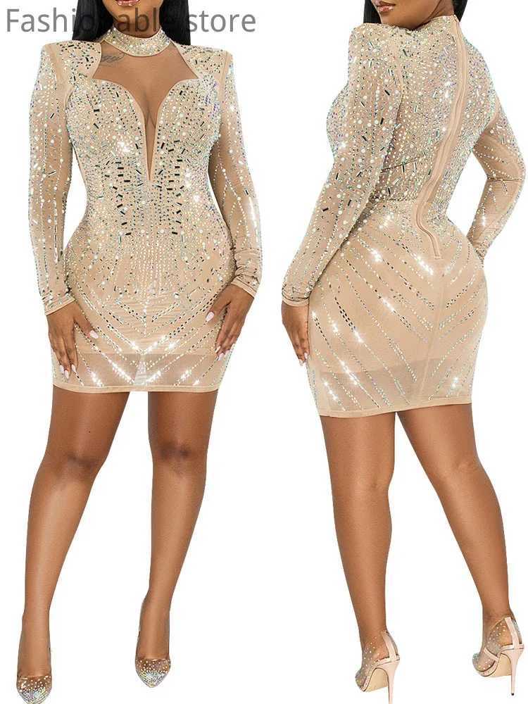 Women Sexy Mock Neck Hollow Rhinestone Long Sleeve Bodycon Dress Z250728