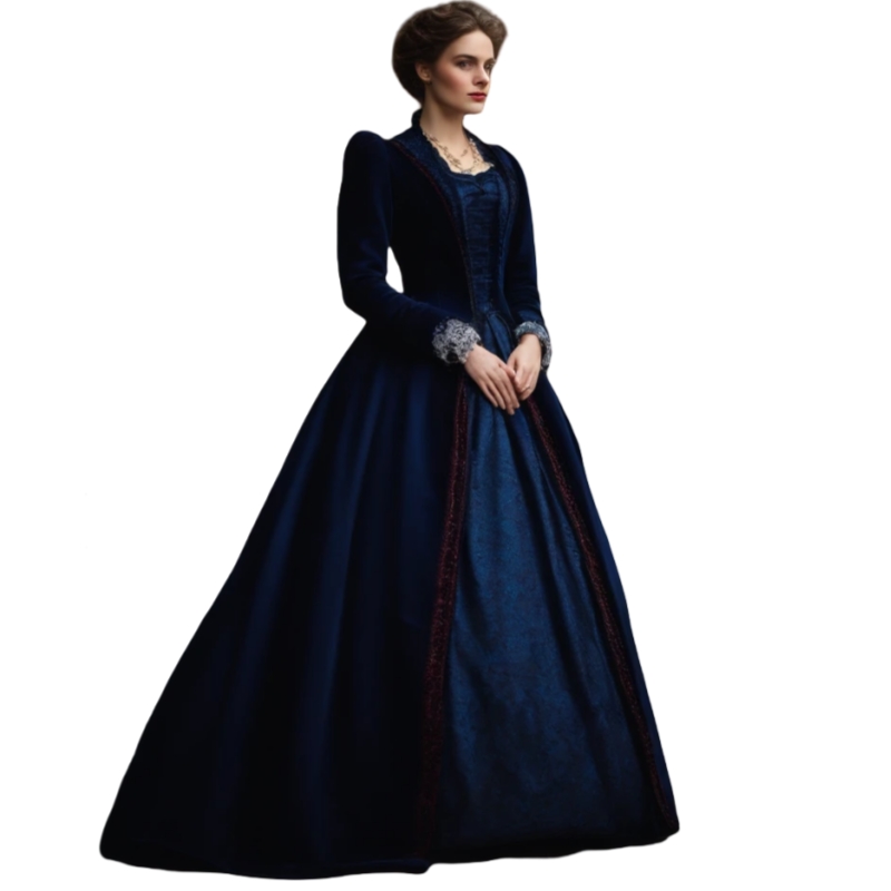 Vintage Renaissance Francais Prom Dresses For Women Navy Velvet Long Sleeves A-Line Medieval Classic Chic Evening Gown Lady Special Occasion Dress