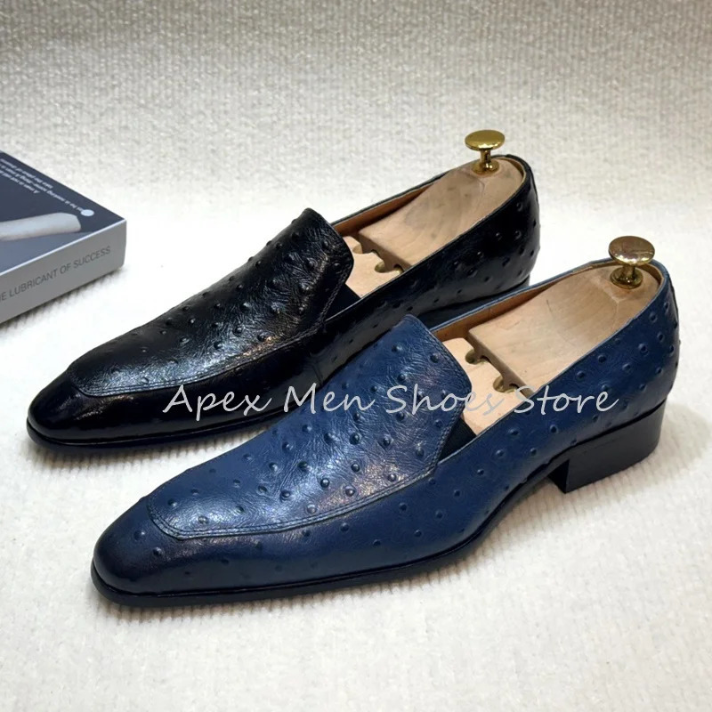 2025 Mens Elegant Ostrich Texture Leather Slip On Loafers Navy Blue Comfortable Low Heel Dress Shoes Business Formal Shoes 250723