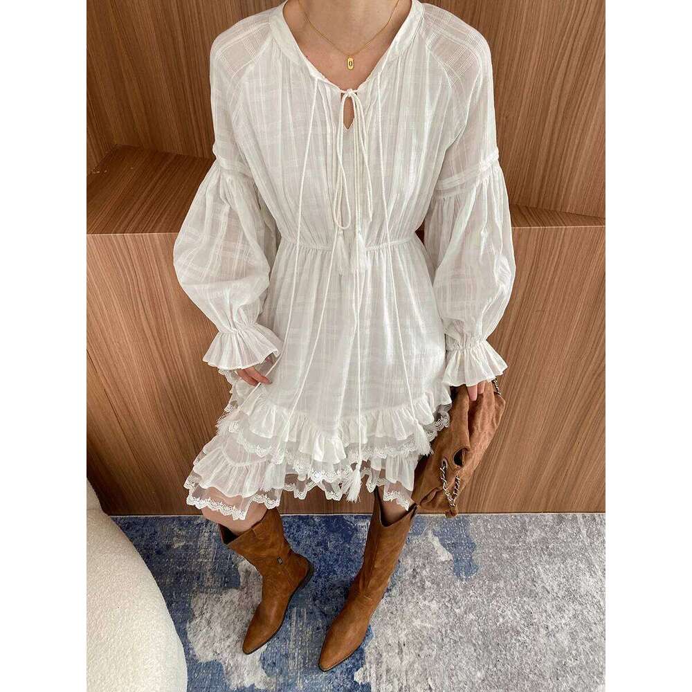 Designer Clothing 2025 Spring And Autumn Women's White Holiday Casual Solid Color V-Neck Long Sleeve Irregular Dress