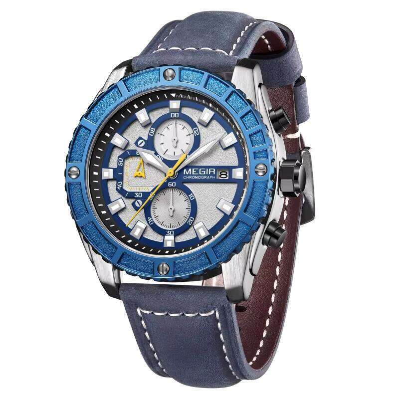 MEGIR Men's 3D Dial Chronograph Quartz Watch - 47mm Genuine Leather, Waterproof - Fashion Sports Style