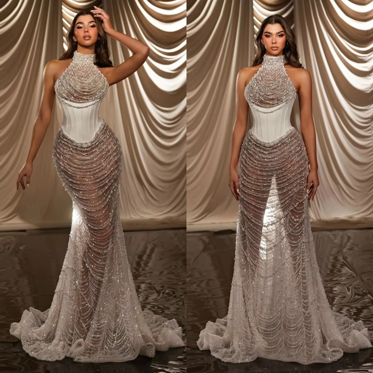 Exquisite Wedding Dresses Pearls Beading High Neck Bridal Gowns See Through Sleeveless Illusion Mermaid Customized Vestidos De Novia Plus Size