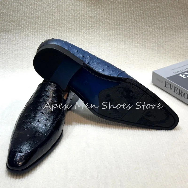 2025 Mens Elegant Ostrich Texture Leather Slip On Loafers Navy Blue Comfortable Low Heel Dress Shoes Business Formal Shoes 250723