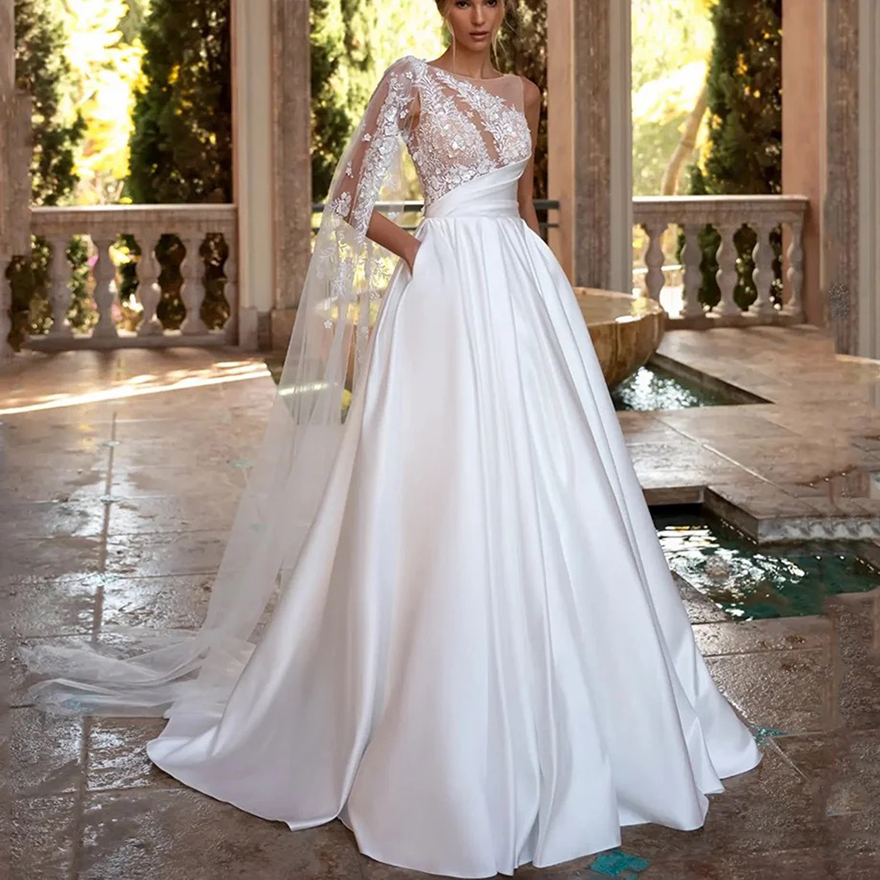 Lace Appliques White Wedding Dress Soft Satin A-Line Floor Length Bridal Gowns Sweetheart Neck Backless Dress Vestidos De Novia