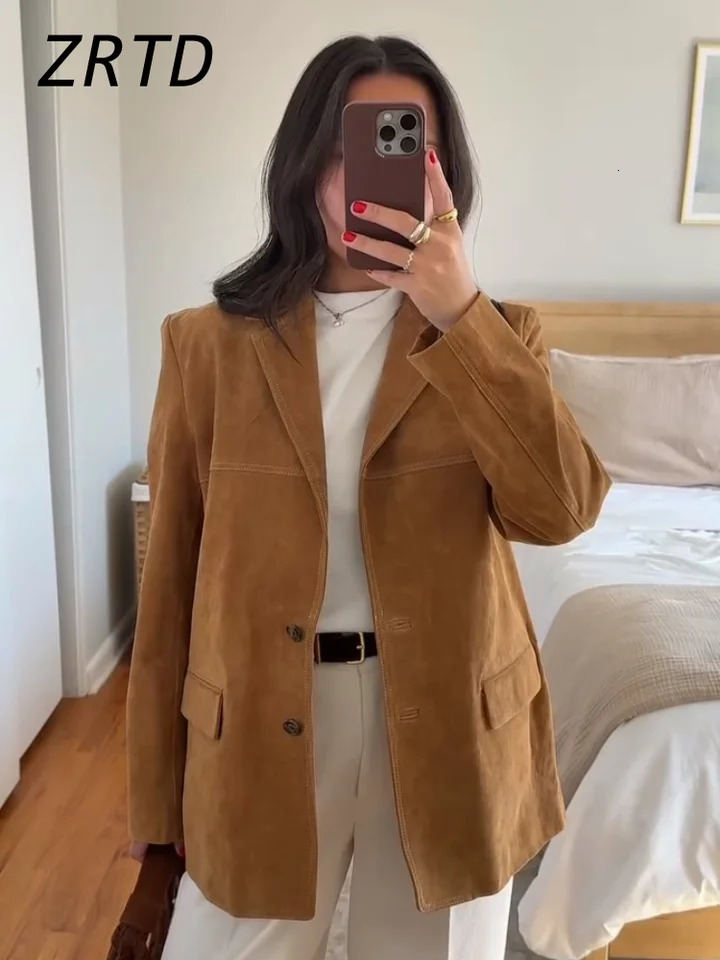 Elegant Womens Suede Jackets Loose Lapel Single Breasted Long Sleeve Female Coats Spring Lady Street Commute Outerwear 250728