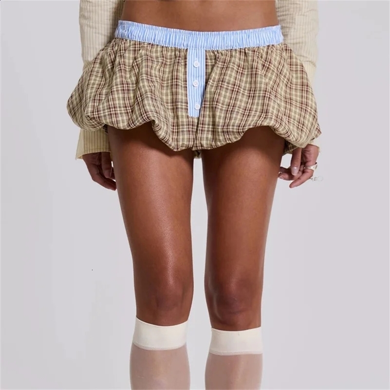 Khaki Mini Skirts Women A-line Casual Fashion Vintage Y2k Skirt Sweet Plaid puff skirt 2024 Summer Female Jupe Streetwear 250715