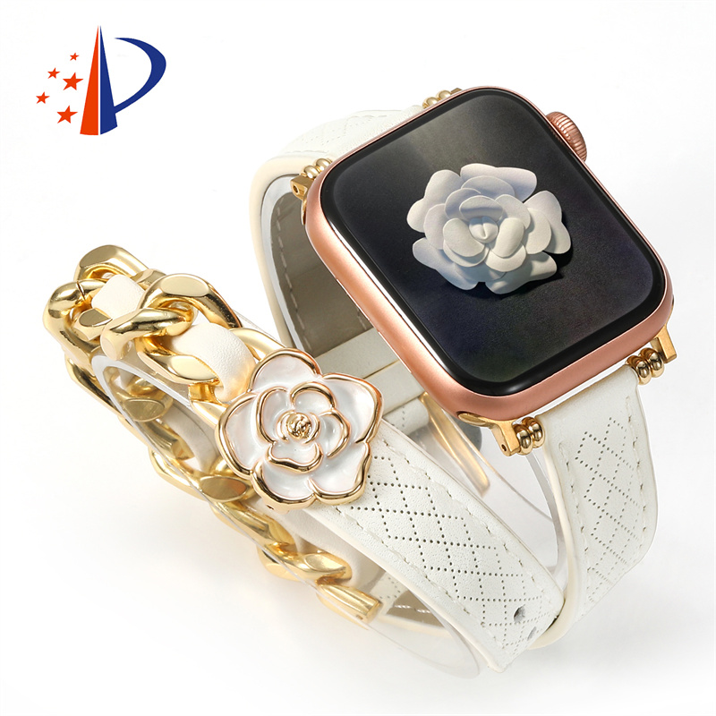 Designer camellia flower genuine leather Apple Watch Band Straps For AppleWatch 49mm 46mm 45mm 44mm 42mm 41mm fashion Watchband iWatch Series 10 9 8 7