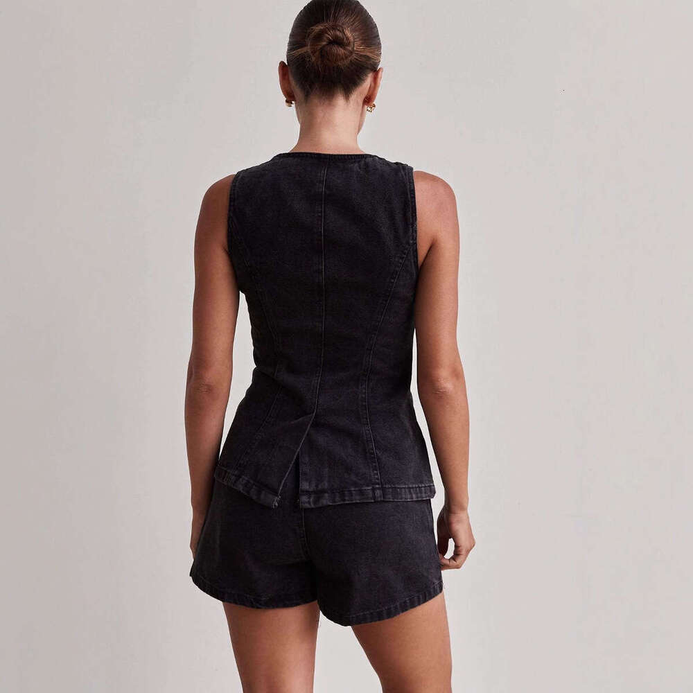 2025 Spring Summer New European and American Fashion Sleeveless Design Waist-Cinching High-Waist Loose Denim Shorts 2-Piece Set