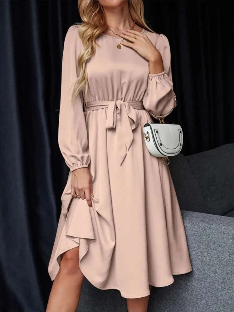 Summer Womens Fashion Lantern Sleeves Keyhole Back Lace Up Waist Satin Round Neck Long Sleeve Medium Length Dress 250728