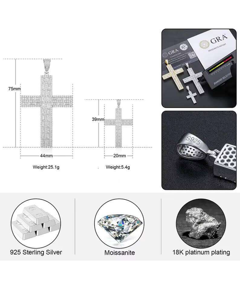 Hiphop Sterling Sier Iced Out VVS Baguette Cut Moissanite Cross Pendant