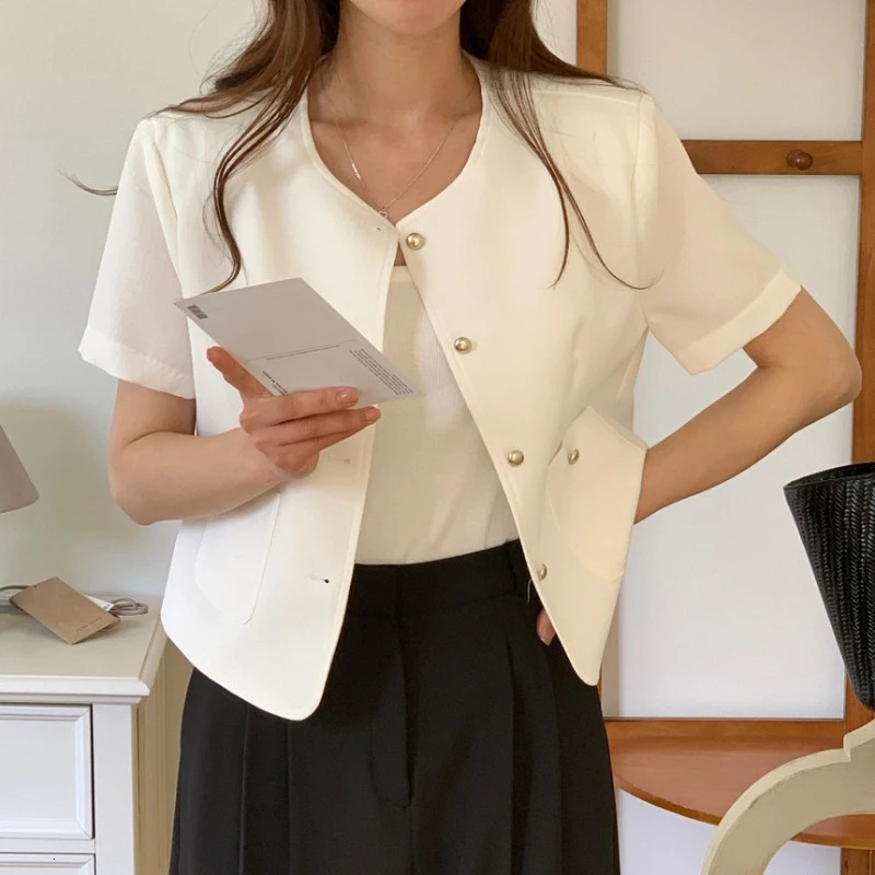 REALEFT Summer Single Breasted Womens Short Jackets Solid Oneck Sleeve Casual Korean Slim Outerwear Female 250728