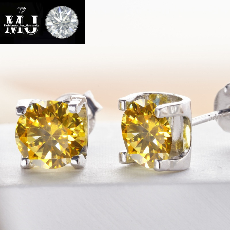 Fashion Sterg Sier Gold Plated Passed Test 1ct Yellow Moissanite Heart Earrings Studs for Men Women