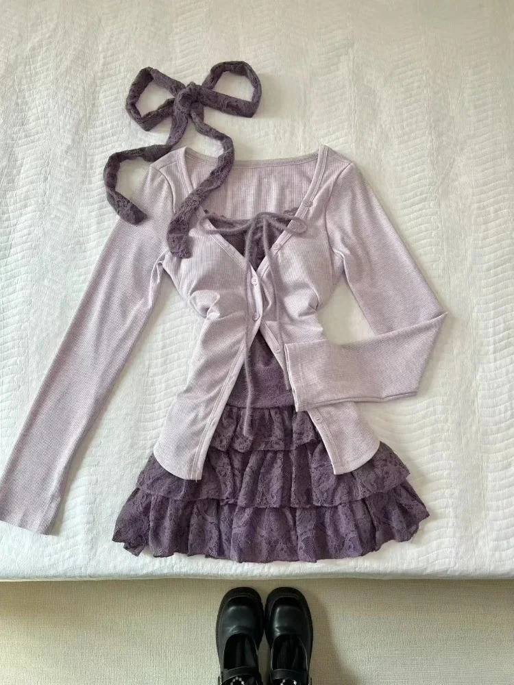 Autumn Two Pieces Skirt Set Women Y2k Crop Tops Tshirt Cake Skirts Japanese Kawaii Fashion Suits Chic Outfits Korean 250728