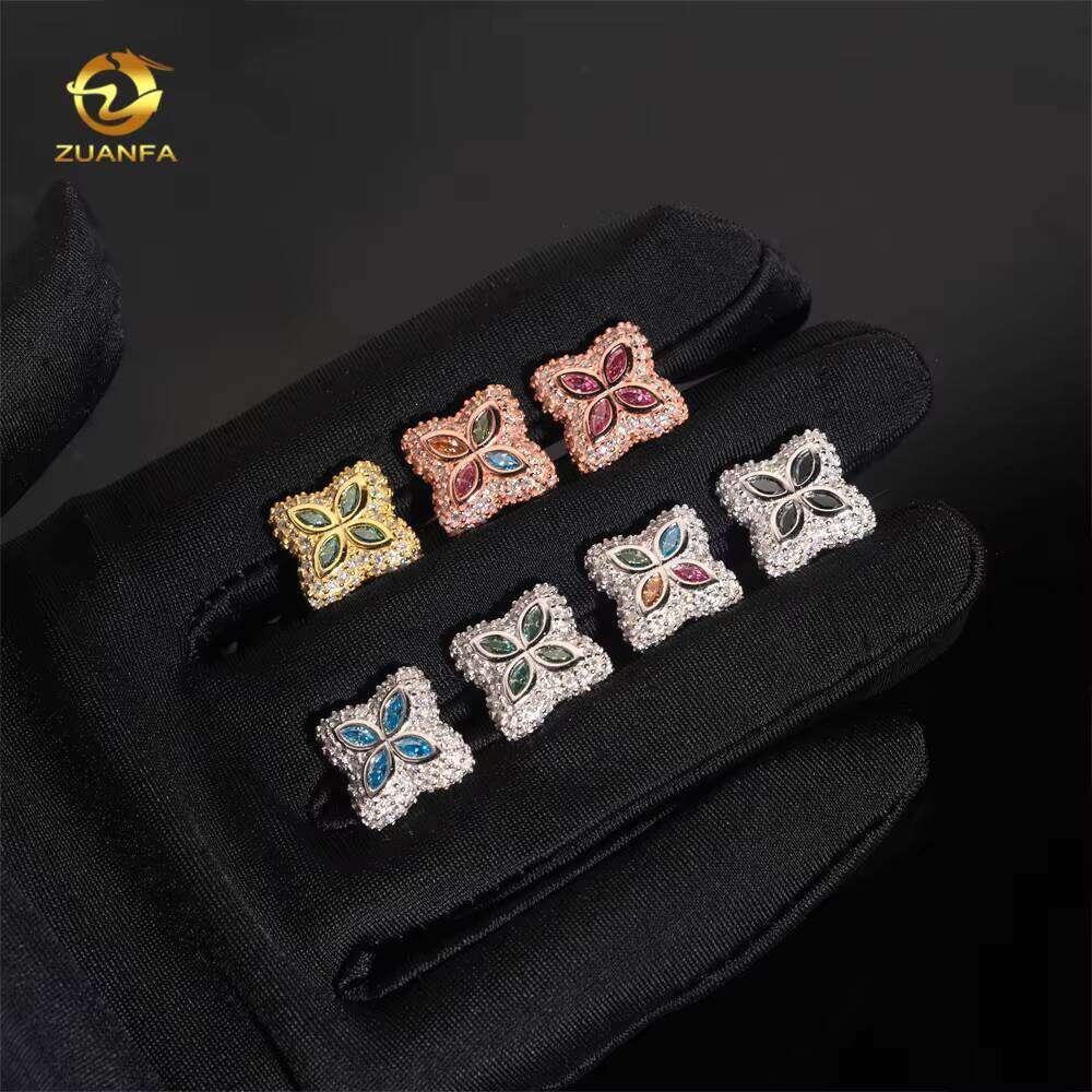 15mm Colorful Chrysoprase Flower Sier Hip Hop Iced Out Earrings Passed Testing