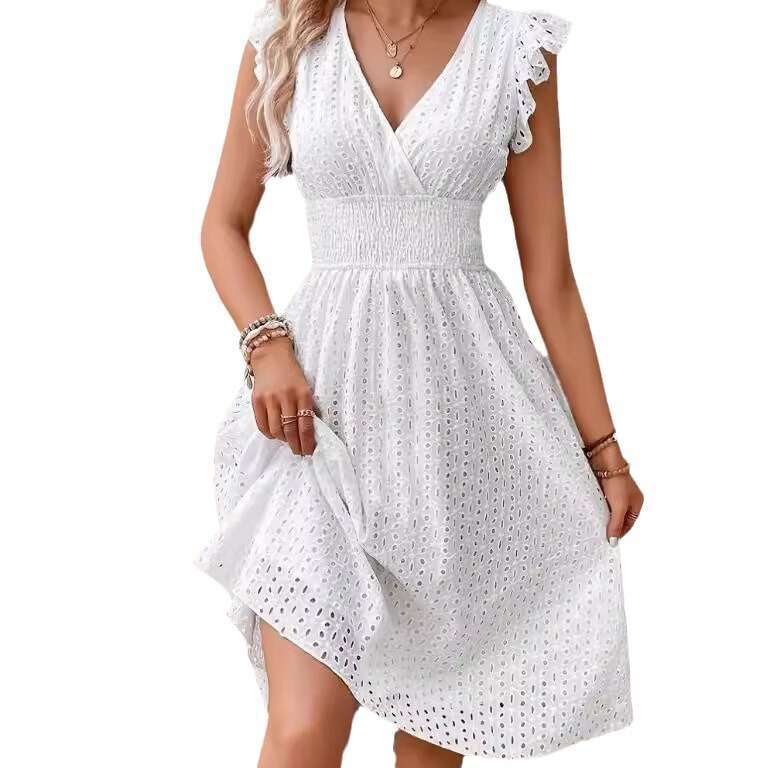 2025 European and American Hot-Selling Summer New Lotus Leaf Sleeve Elegant V-Neck Slimming Hollow Out Plus Size Dress