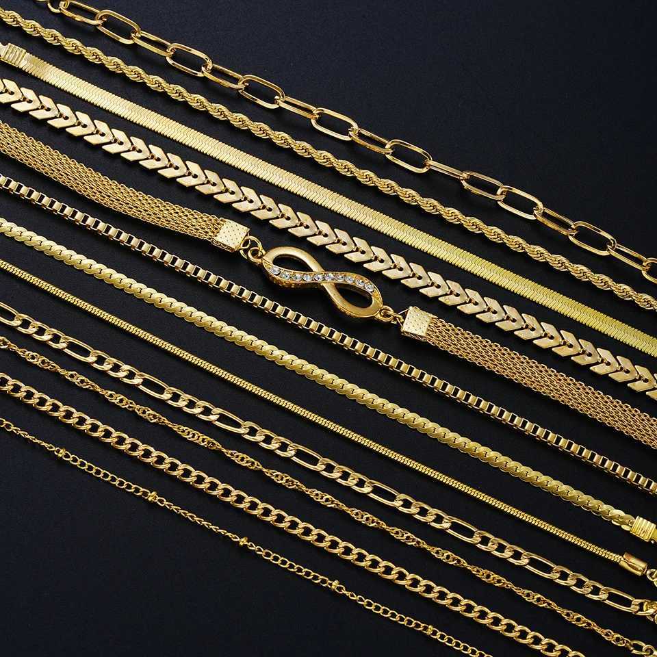 3/5/14 Pcs Punk Simple Metal Twist Bracelet Set for Women Fashion Gold Color Heart Zircon Tone Chain Daily Wear Jewelry Gifts W250728