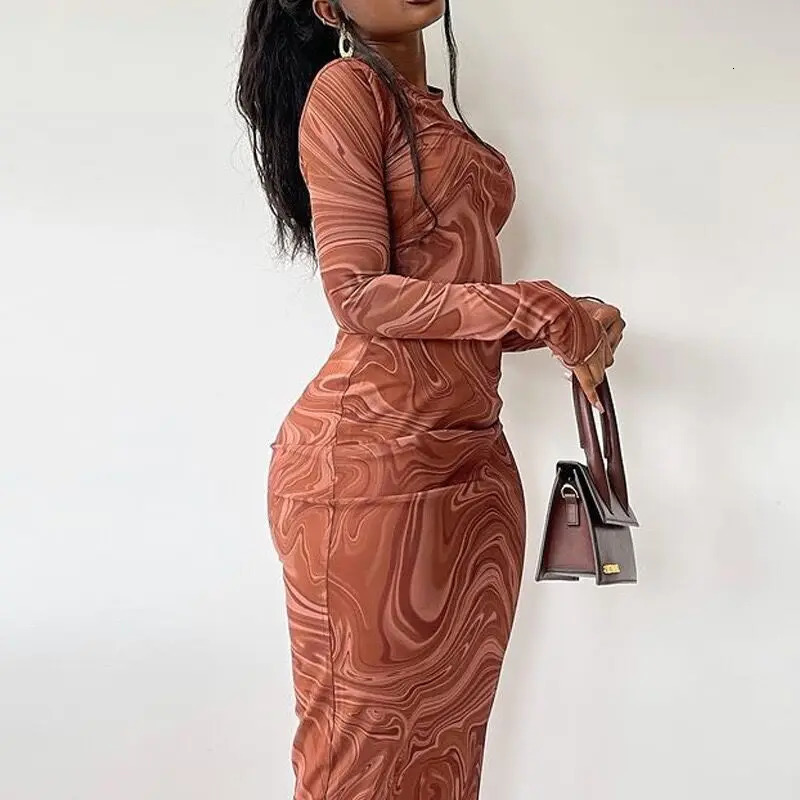 Long Sleeve Bodycon Dresses Women Evening Party Clothes Oneck Mid Calf Sexy for One Piece Outfits Streetwear 250728