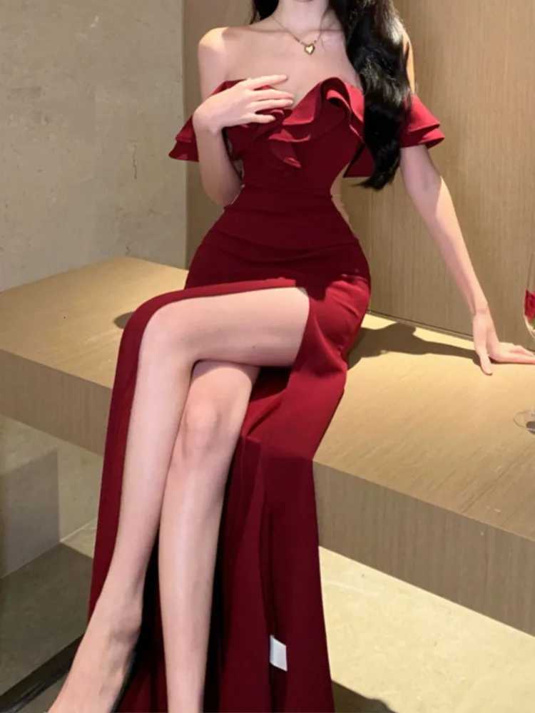 Women Sexy Bodycon Off Shoulder High Split Long Dresses Wedding Evening Party Prom Dress Ruffles Slash Neck Summer New Dresses Z250728
