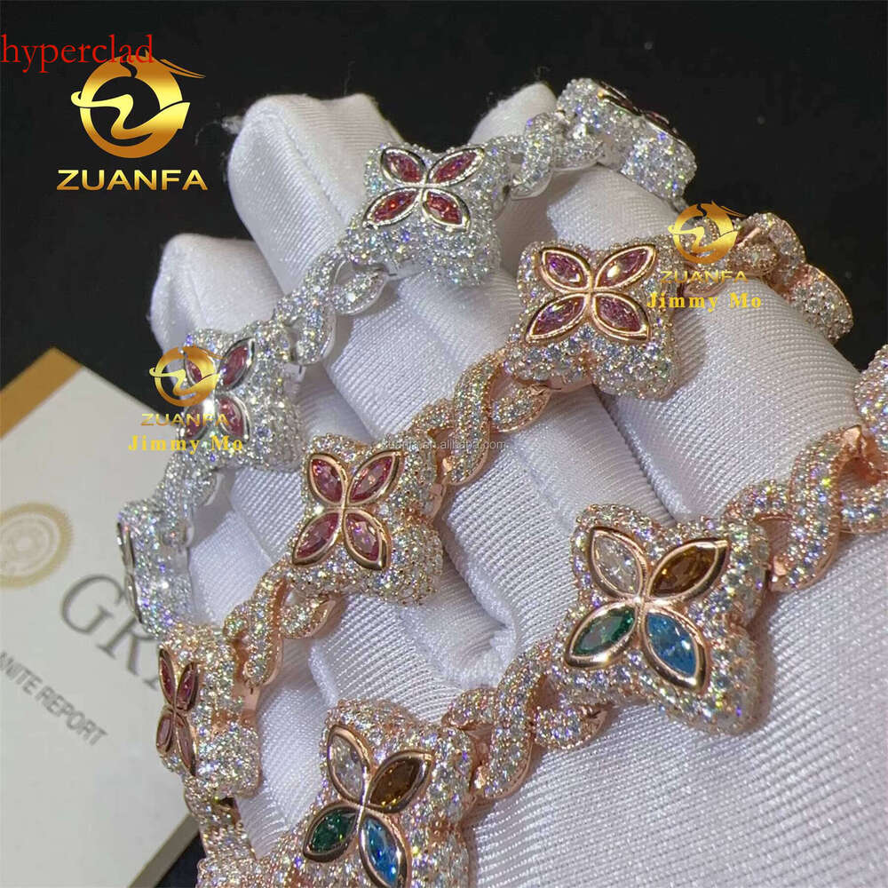 18mm Fashion Sier Marquise Flower Design Hip Hop Jewelry Iced Out Moissanite Dia Infinity Cleef Clover Cuban Bracelet