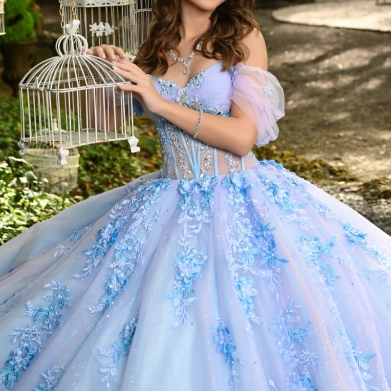 Lavender Shiny Princess Quinceanera Dresses Appliqued Flower Beads Tull Corset Sky Blue Lining Sweet 16 Dress Ball Gown Vestidos De 15 Anos