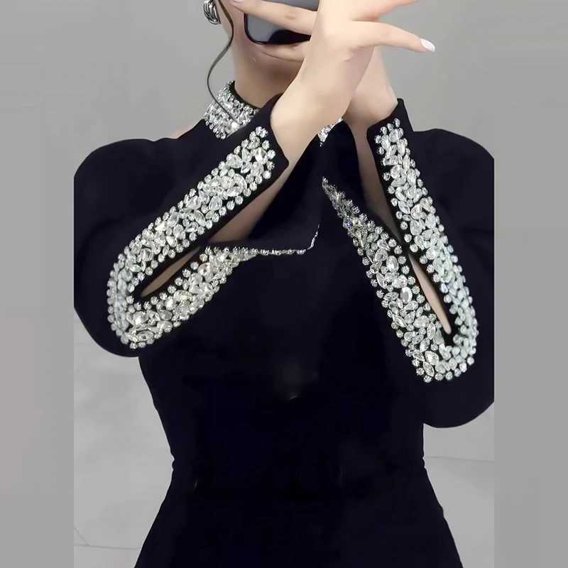 Womens Spring Long Sleeved Slim Banquet Dress Casual Rhinestone Patchwork Dresses Elegant Half High Neck Waist Wrap Hip Dress Z250728