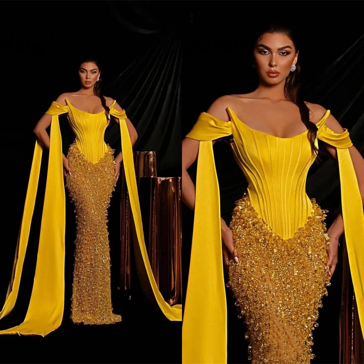 Fashion Evening Dresses For Women Off Shoulder Sleeveless Wrap Gown Crystal Sequins Floor Length Dress Party Customized Dress