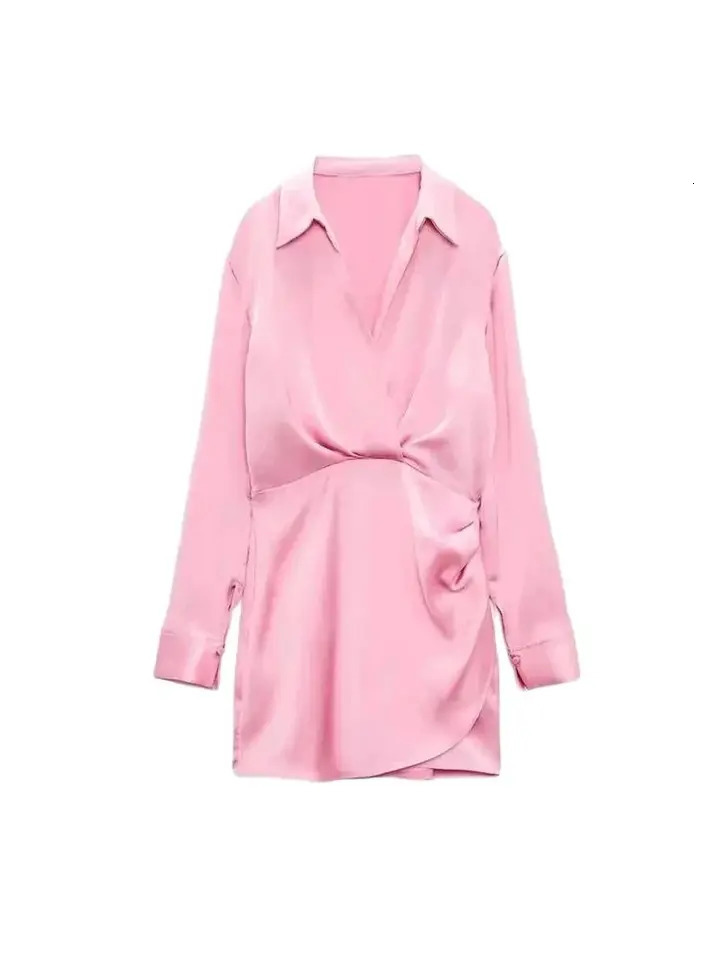 TRZA Women Fashion With Gathered Satin Mini Dress Vintage V Neck Long Sleeve Female Dresses Vestidos Mujer w250728