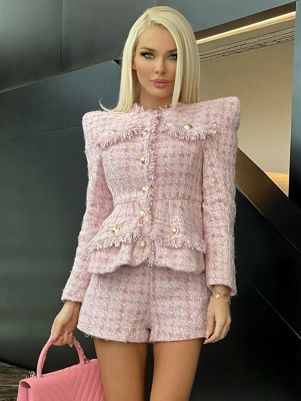 Elegant White Tweed Women Set Singlebreasted Slim Tassels Jacket High Waist Shorts Suit Celebrity Party Sets Fall 250728