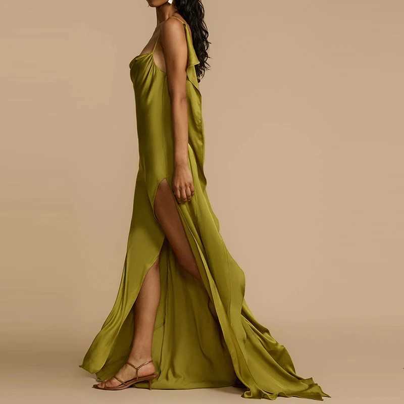 Lady Sexy Side Split Solid Slim Long Dress Fashion Draped High Waist Satin Dress Elegant Off Shoulder Irregular Suspender Dress Z250728