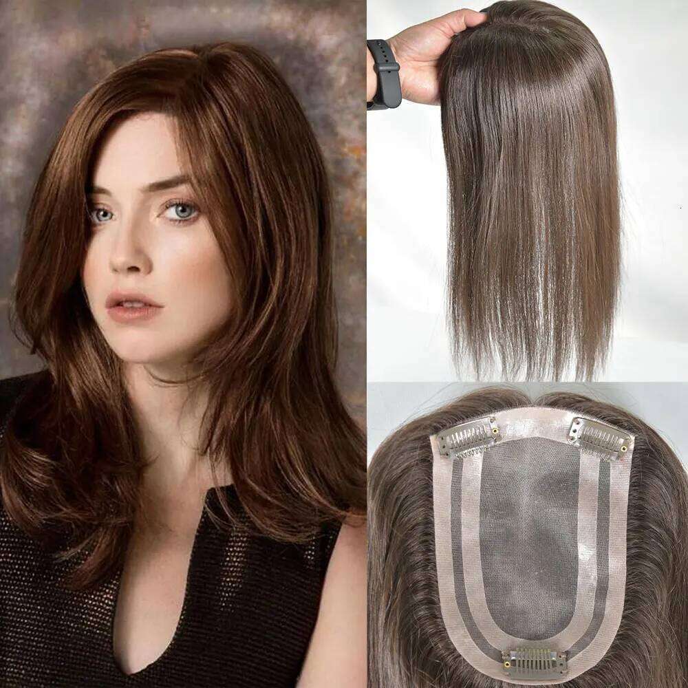 Topper Real Human Clip in Hair Hairpieces for Women No Bangs Top Base Mono Lace 4x6inch Brown Color 14inch