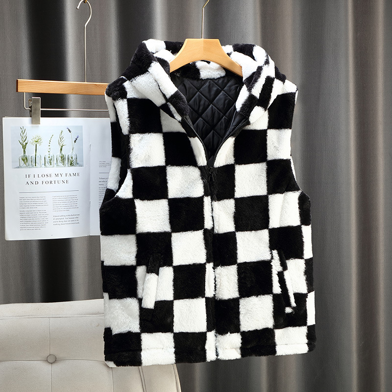 Men's Shearling Cotton Vest Trendy Ins Hong Kong Style Quilted Check Sleeveless Fleece Gilet for Autumn & Winter Couples Style 2025