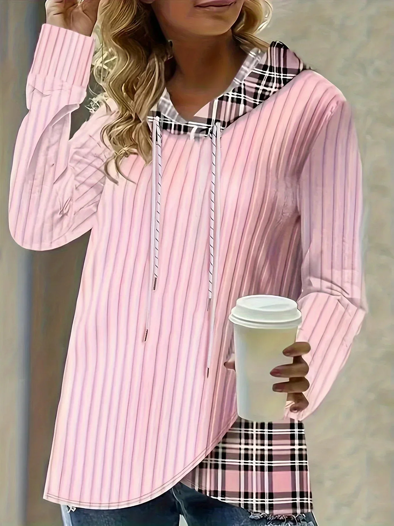 Women Plus Size 1XL5XL Casual Hoodie Sweatshirt Pullover Womens Colorblock Plaid Print Long Sleeve Drawstring Hoodie 250728