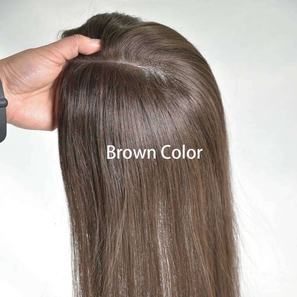 Topper Real Human Clip in Hair Hairpieces for Women No Bangs Top Base Mono Lace 4x6inch Brown Color 14inch