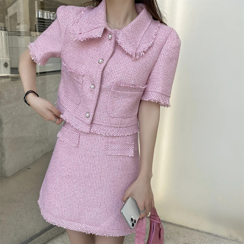 Summer Ladies Blazer Set Skirt Jacket Coat Slim High Waist Skirts Mini Solid Casual Vintage Tweed 2 Piece Set 250728