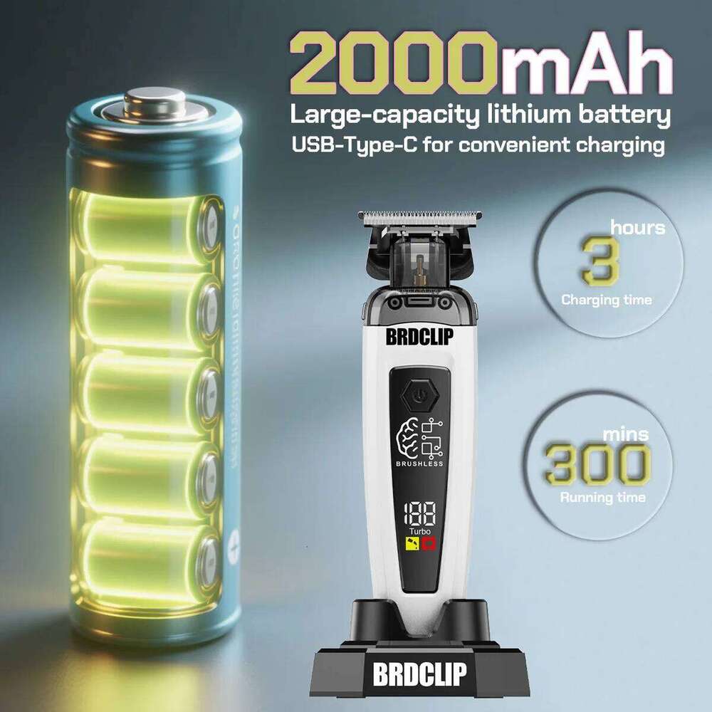 Brushless Motor 7500RPM Professional Electric Trimmer DLC Blade with Base 2000mAh BRDCLIP Barber Shop Hair Clipper BRD 116
