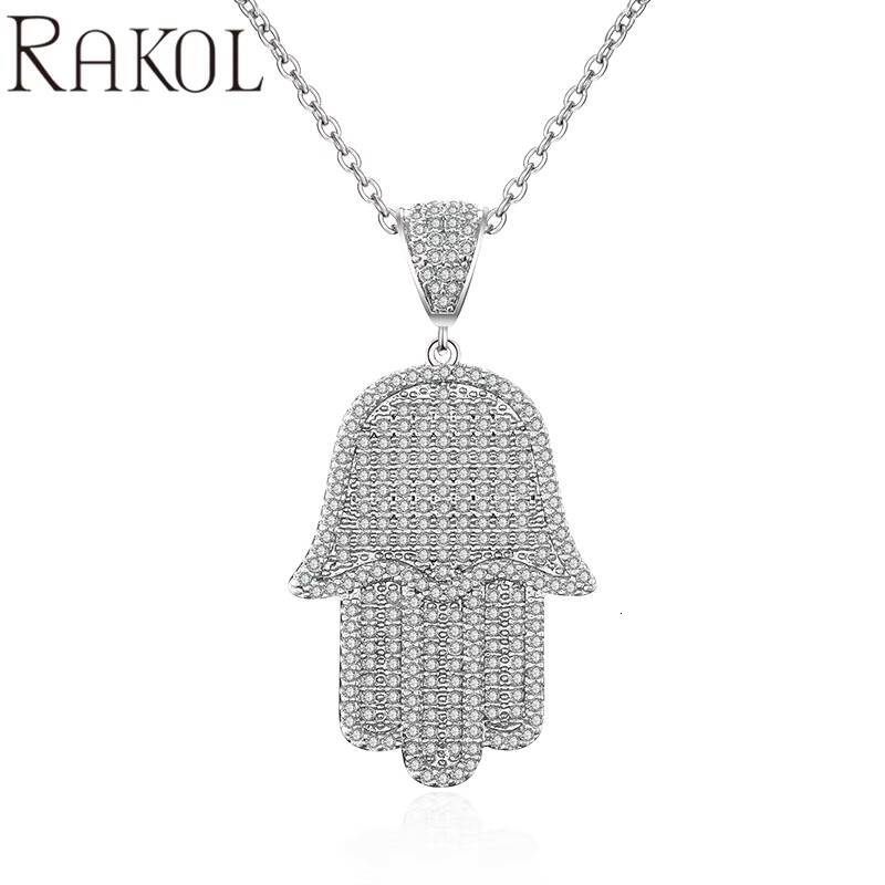 RAKOL NP2036 Pave White Stone Pendant Hamsa Hand Necklace