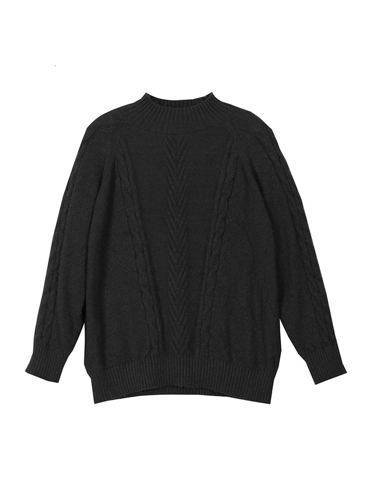 Plus Size Stranded Knit Ribbed Pullover Sweater Casual Solid High Neck Long Sleeve Suitable for Autumn and Winter 250728